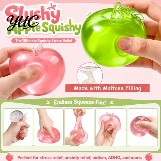 Hand Exerciser Squeezer Apple Squishy Stress Relief Ball, Transparent Fidget Toy, Squeeze Sensory Toy Soft Tpr Pinch for Adults Kids, Cute Fruit