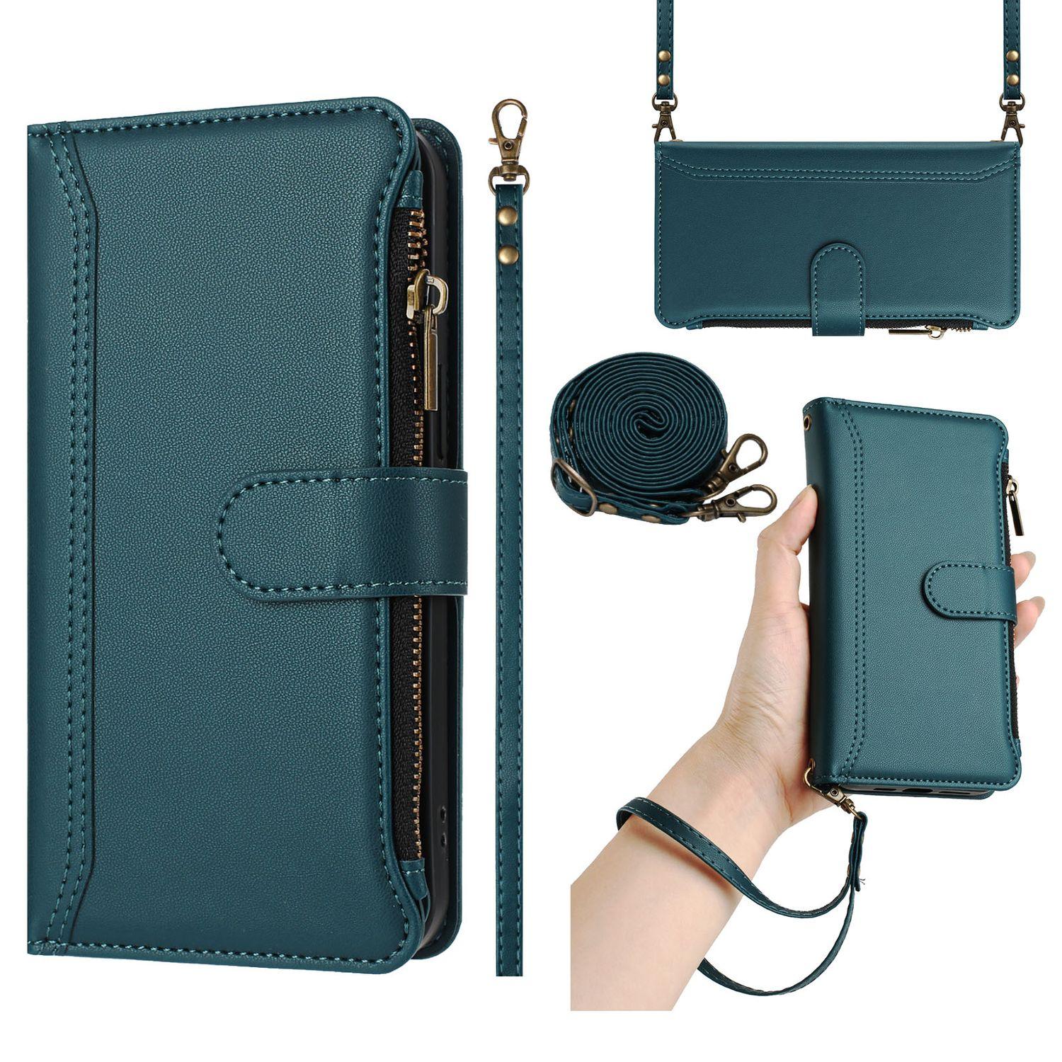 Leder Wallet Klapphülle für Samsung Galaxy S26 S25 S24 S23 S22 S21 S20 Ultra Plus FE Edge S10 S9 S8 S7 Edge Crossbody-Gurt und Handgelenkschlaufe Samsung Galaxy S21 Plus dunkelgrüne