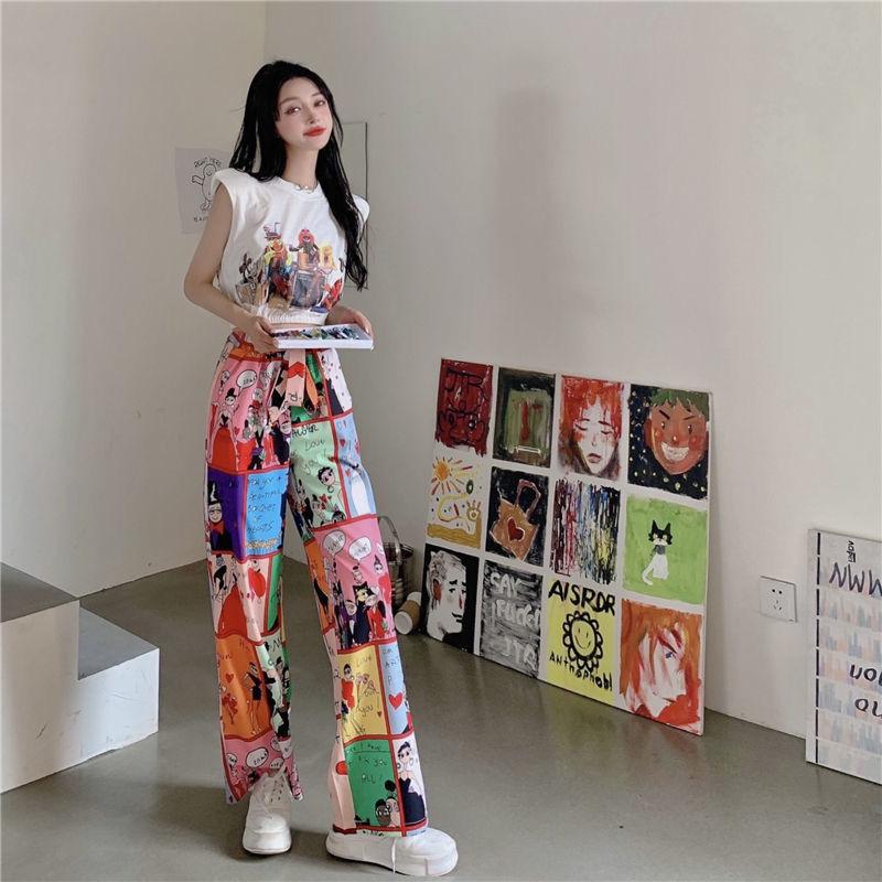 Korean Fashion Summer Pants Women's Elastic High Waist Pockets Printing Tie Dye Bohemian Casual Loose Straight Wide Leg Trousers