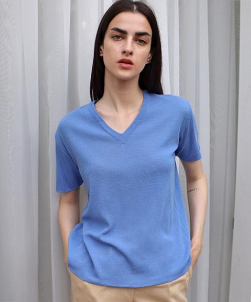 Demi Gnimonic Linen V-Neck Blue Knit_Linen V-Neck Bl Nt Blue/Free