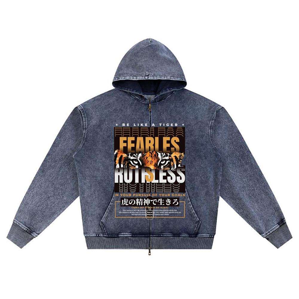 

DTG print Knitted Denim Zip-Up Hoodie Be Like a Tiger Brother Print Zipper Hoodies XL