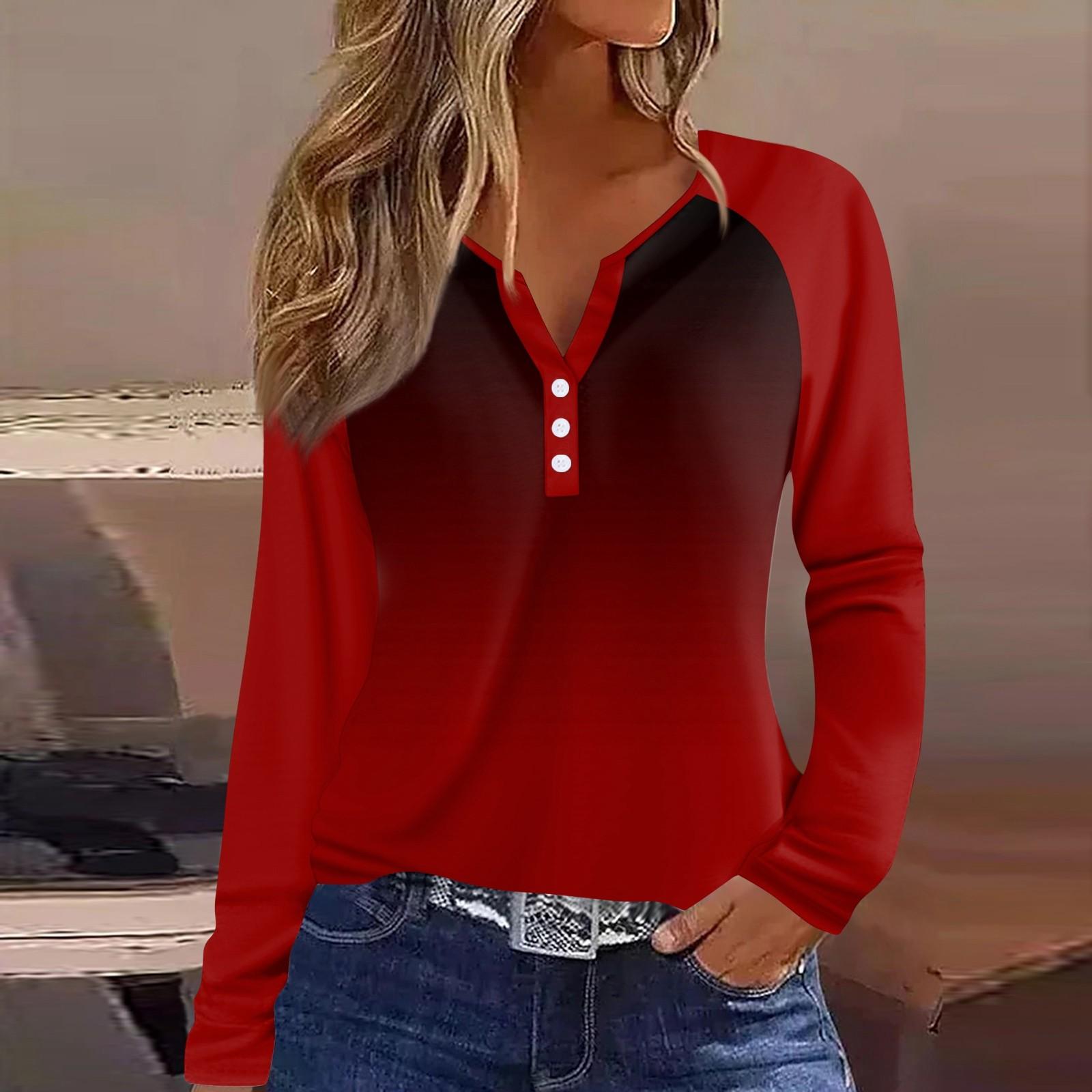 

Женская футболка с принтом, на пуговицах, с длинным рукавом, повседневная, для выходных, модная, базовая, с V-образным вырезом, обычный топ XL винный