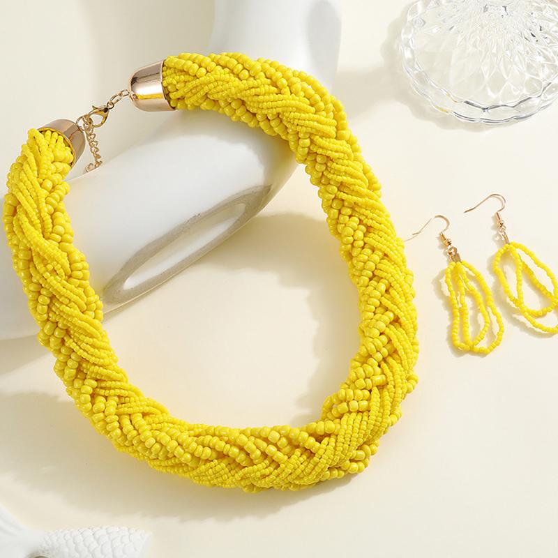 Bohemian Style European Colorful Multi-layer Rice Beads Handmade Woven Necklace Earrings Set