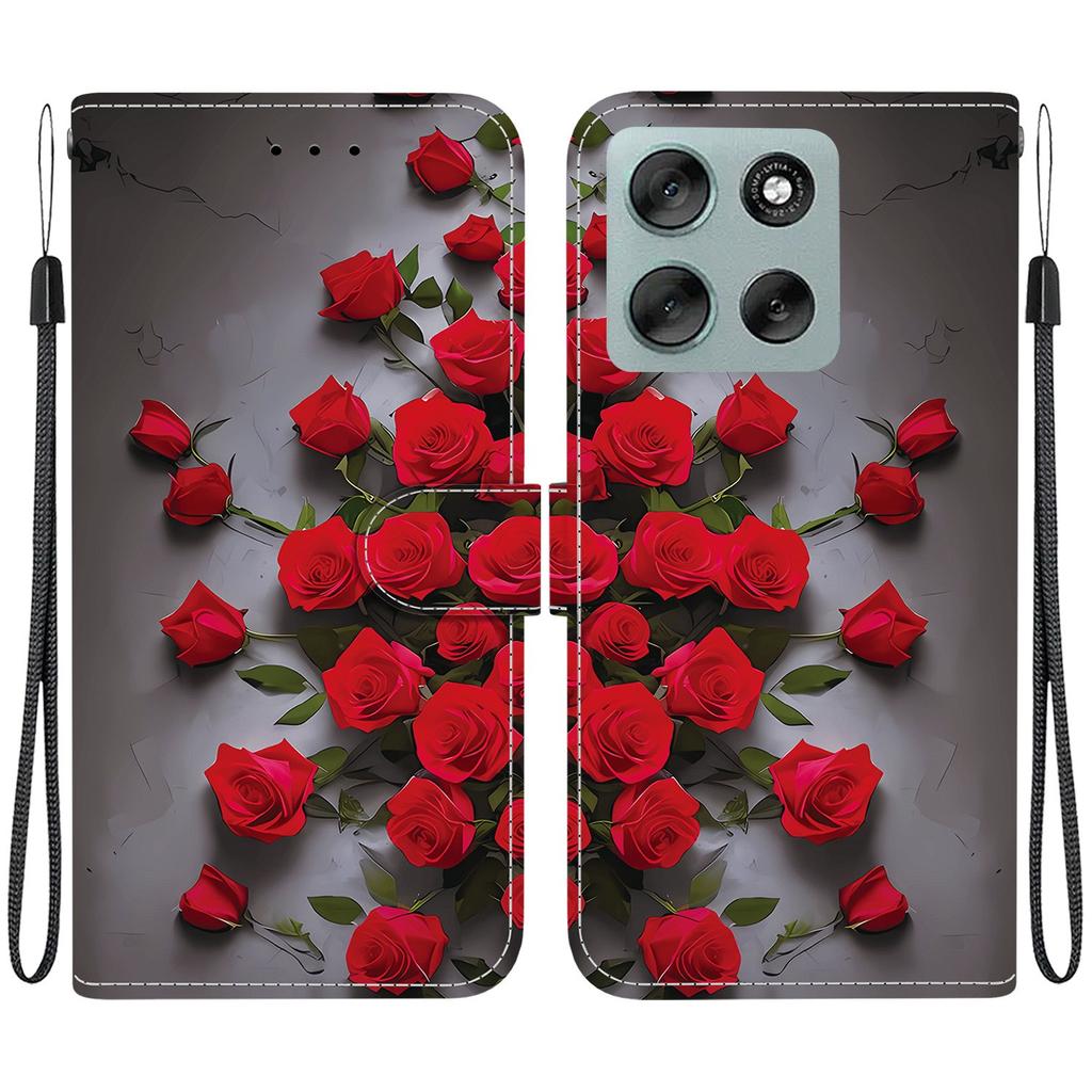 Handmade PU Leather Flip Case for Motorola Moto G56 Anti-Slip Shockproof Cover with Wrist Strap & Heart/Rose Cat Designs