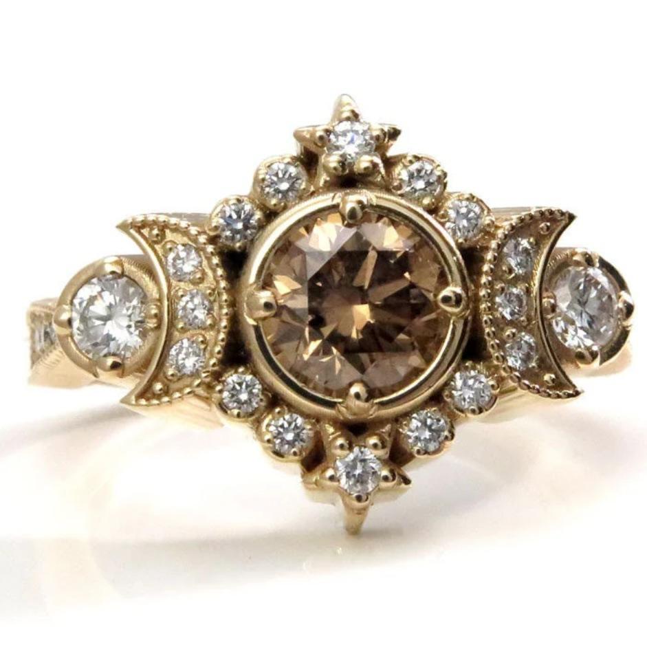 Moonlight star coffee diamond ring women's fashion versatile niche high-end zircon jewelry