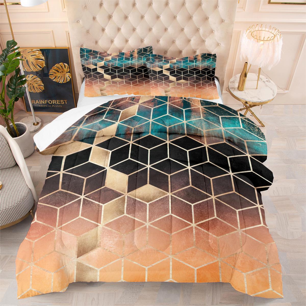 Quilt Fat Quilt 3d Digital Printing Marble Pattern Feather Silk Quilt Plaid Pattern Quilt Cover Three-piece Set 172*218cm