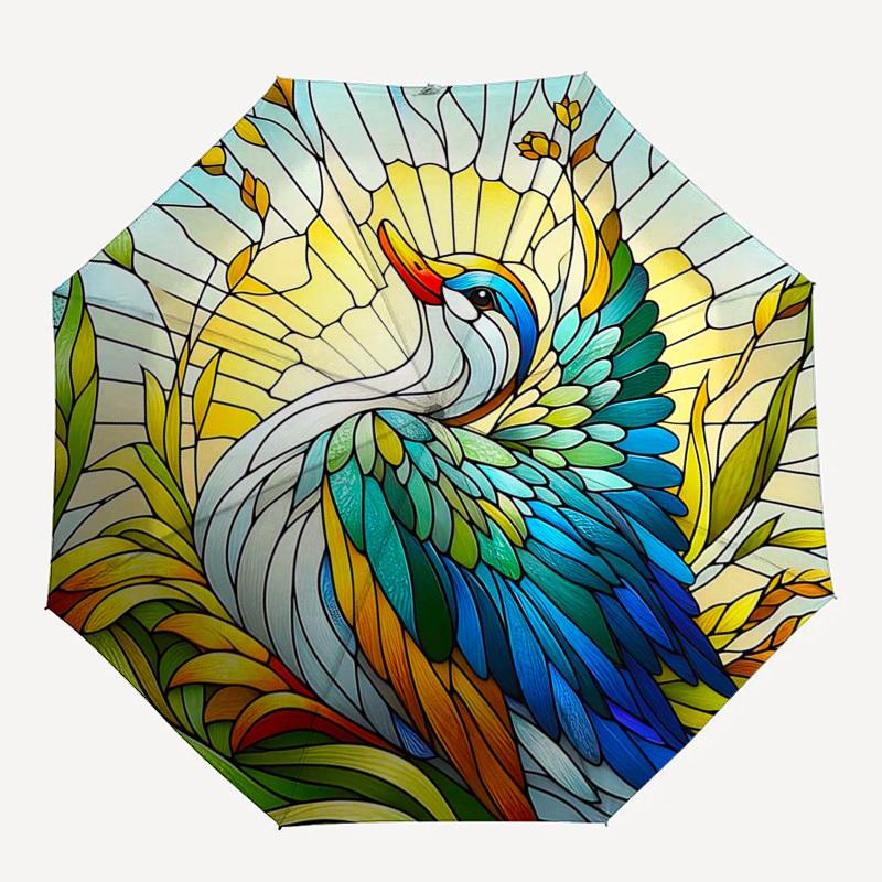 1pc Stained Glass Crane Design Automatic Opening Folding Umbrella with 8-Bone Iron Frame, Suitable for Fans, Travel, Daily Use, and Festive Gifts.SS06