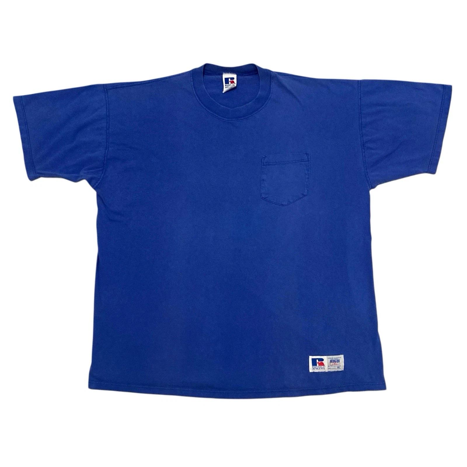 VTG Russell Athletic High Cotton Blank Pocket T-shirt XL Blue Distressed USA L