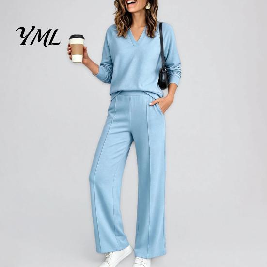 Solid Color Matching Sets Women Sweatshirt Pants 2-Piece Set, V-Neck Long Sleeve Top & Wide Fabric Fitness Clothing Leg Trousers with Elastic