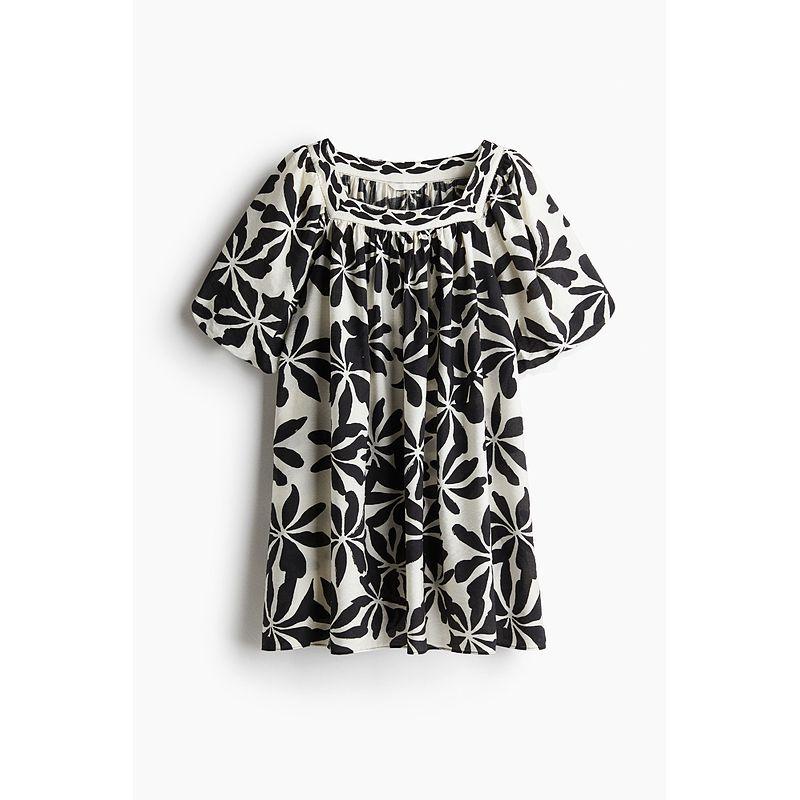 

HM Women s Clothing Dress 2025 Summer New Lantern Sleeve Shirt Dress Style Loose A- line Version Dress 1289425 White/Black Florals 175/128