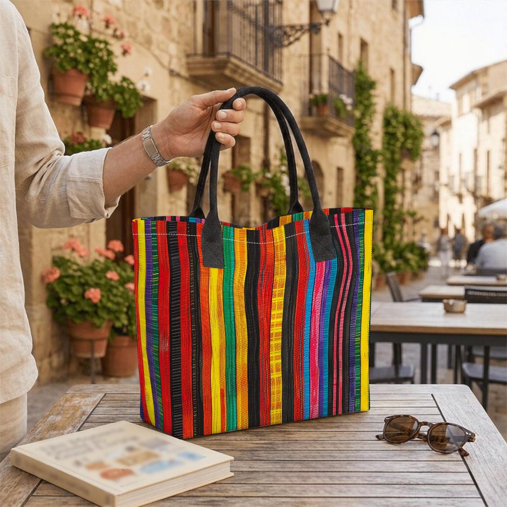 Colorful Striped Tote Bag Casual Large Capacity Shoulder Handbag for Daily Use