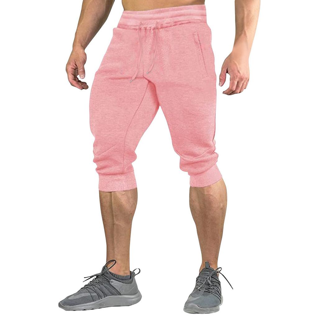 Men's Summer Color Shorts Men's Elastic Waist Sports Loose Casual Quarter Pants