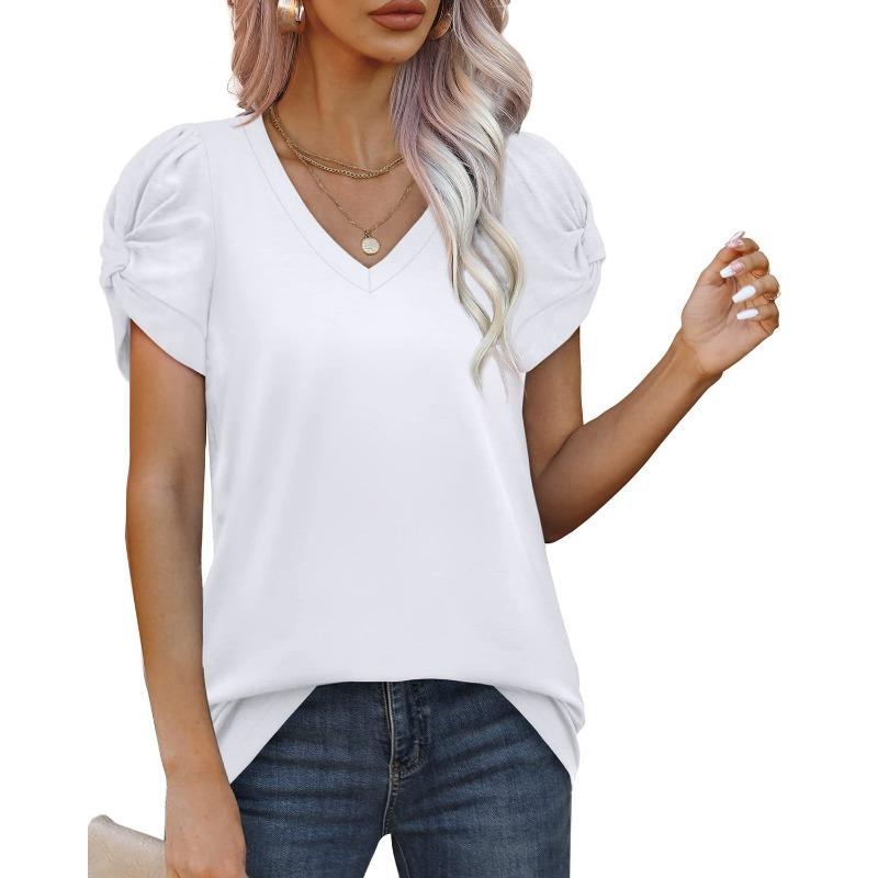 Spring and Summer New Solid Color Simple Twist V-neck Short-sleeved T-shirt Bottoming Shirt for Women