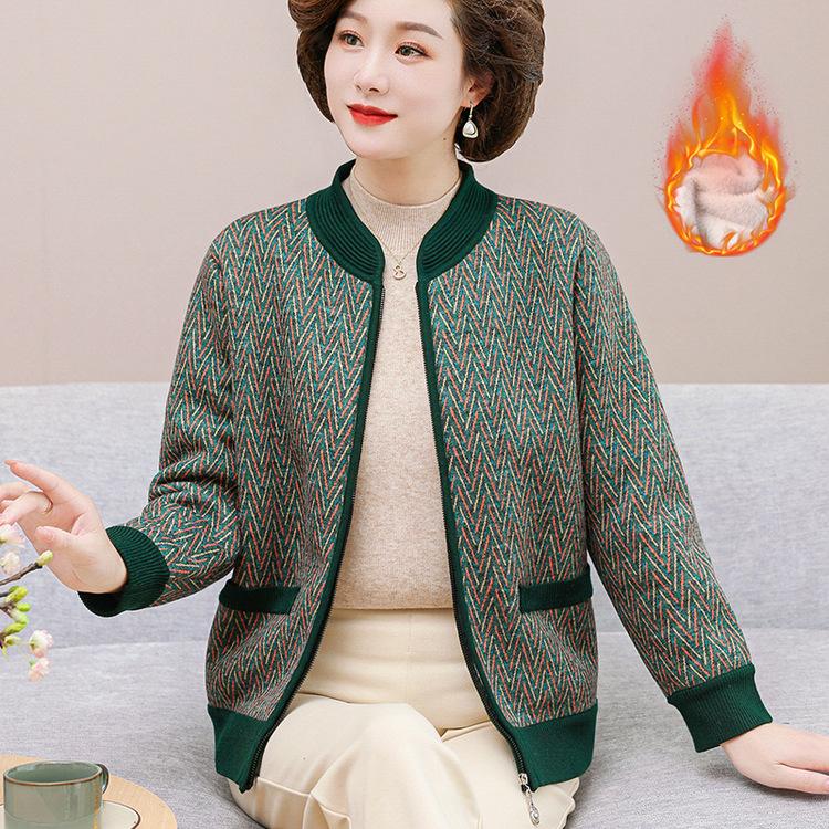 Omas Mantel Herbst Neuer Stil Älterer Pullover Weiblich Mutter Plus Samt Verdickt Alte Dame Gestreiftes Oberteil