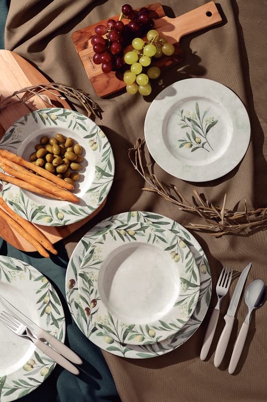 Tramontina Oliva White Dessert Olive Microwave and Dishwasher Made In Product Plate, 21cm, Rimmed, Pattern, Porcelain, Safe, Simple, Stylish, Durable,