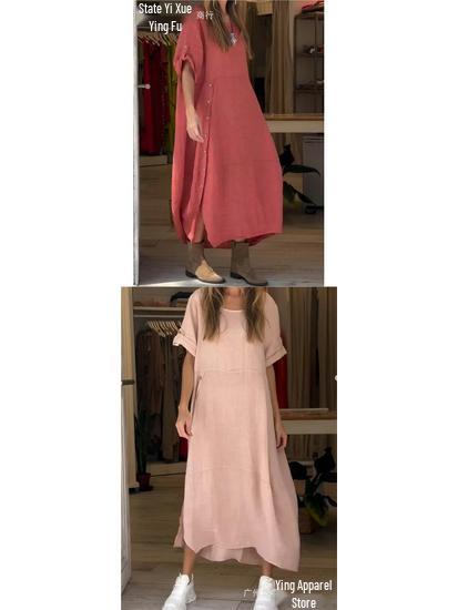 European & American Women's Cotton Linen Summer Dress - Loose, Solid Color, Short Sleeve Casual Style
