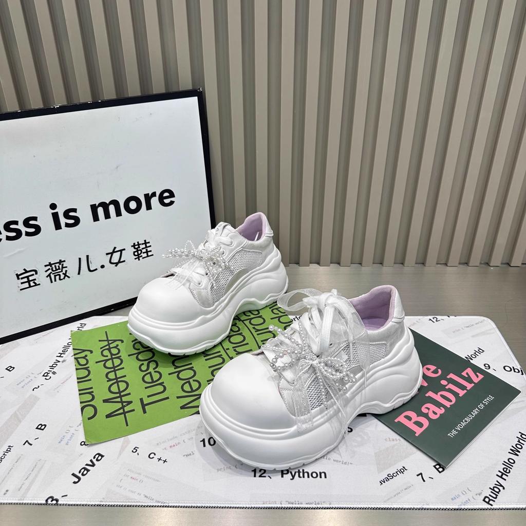2025 New Women's Soft Leather Thick Bottom Sneakers Casual Sports Shoes Butterfly Knot Pearl Lace up Heightening Board Shoes