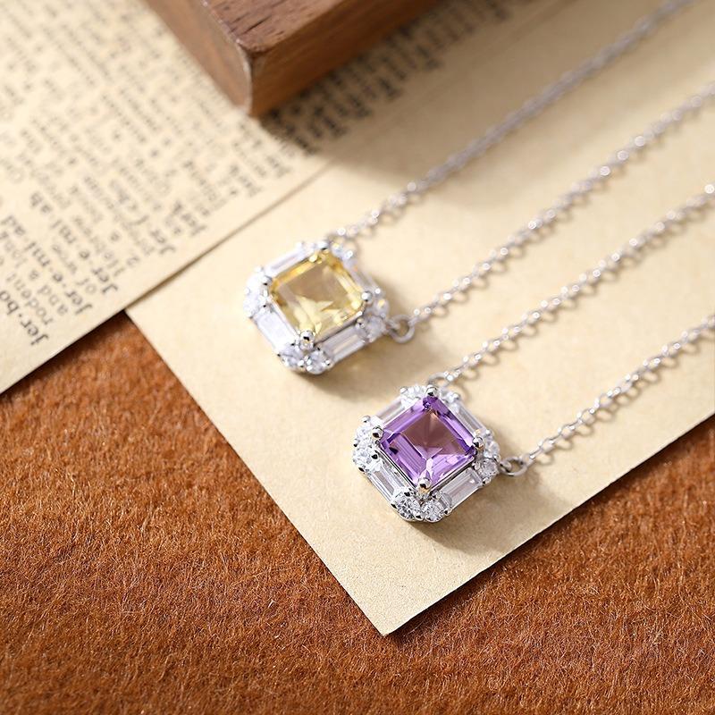 S925 Silver Necklace with Natural Amethyst/Citrine Pendant, Clear Crystal Choker for Women