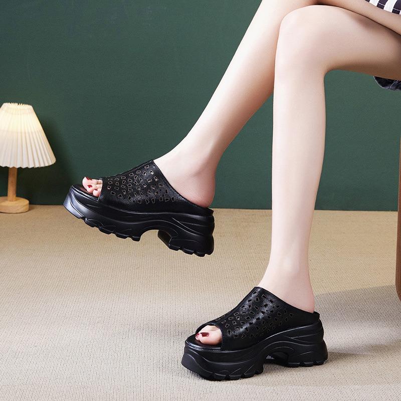Leather platform slippers women's summer new outer wear hollow hole shoes versatile open-toed high-heeled sandals