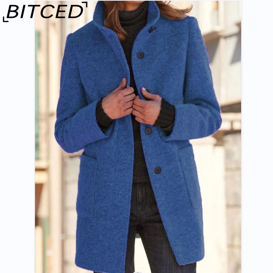 BITCED Autumn/Winter Women's Vintage Solid-Color Button-Up Stand Collar Wool Coat