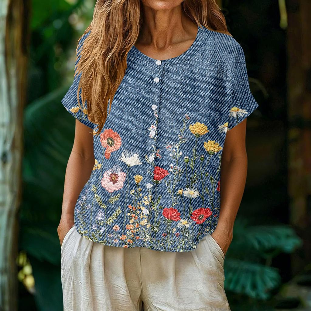 Womens Casual Henley Neck Button Down Floral Print Top Short Sleeve Lightweight Blouse for Summer Spring