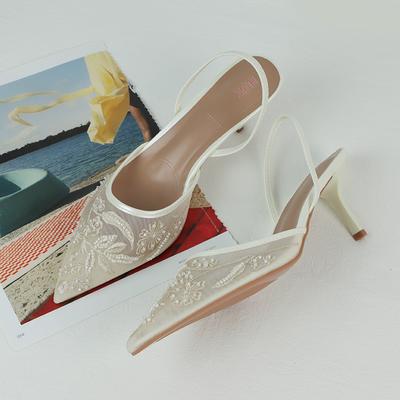 Summer  Women's Shoes White Stiletto Floral Embroidered Mesh Elegant High Heels Pointed Wedding Bridal Sandals for Ladies