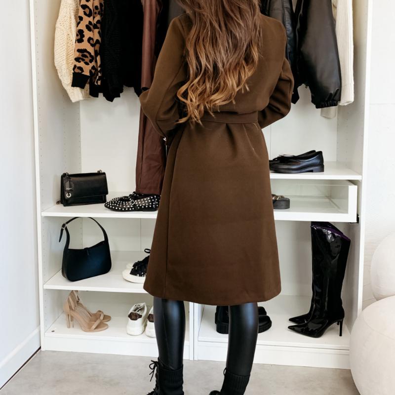 Women's Commuting Coat Winter Temperament Street Trend Solid Color Double Breasted Buckle Long Sleeve Tied Woolen Coats