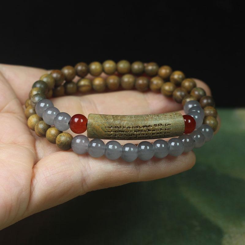 Green Sandalwood 6mm Double Loop Bracelet, Green Sandalwood Half Bangle Mala, Personalized Buddhist Prayer Beads Jewelry