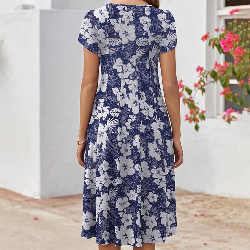 Női Divat Tavaszi és Nyári Ruha Alkalmi Rövid Ujjú Kerek Nyakú Elegáns Középhosszúságú Strandruha