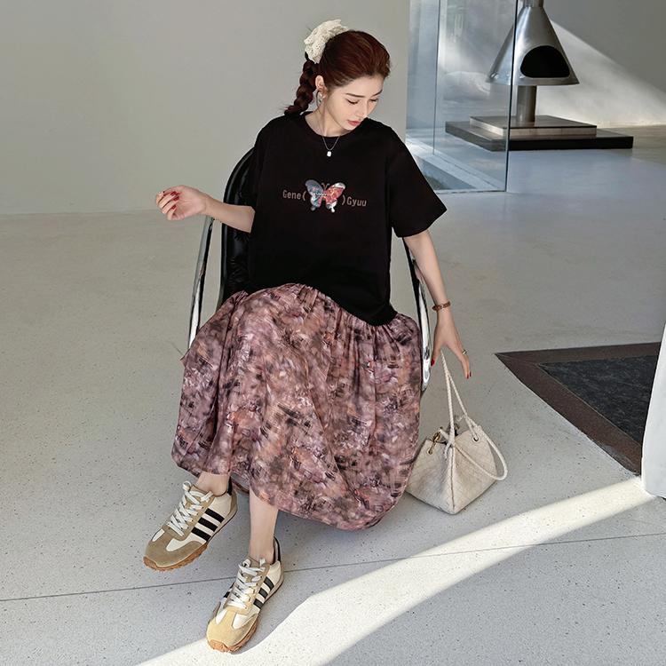 

DIMANAF Women 2025 Plus Size Summer Dress Shirt Dress Basic Printing Short Sleeve Loose Spliced Long Dresses 3XL чёрный