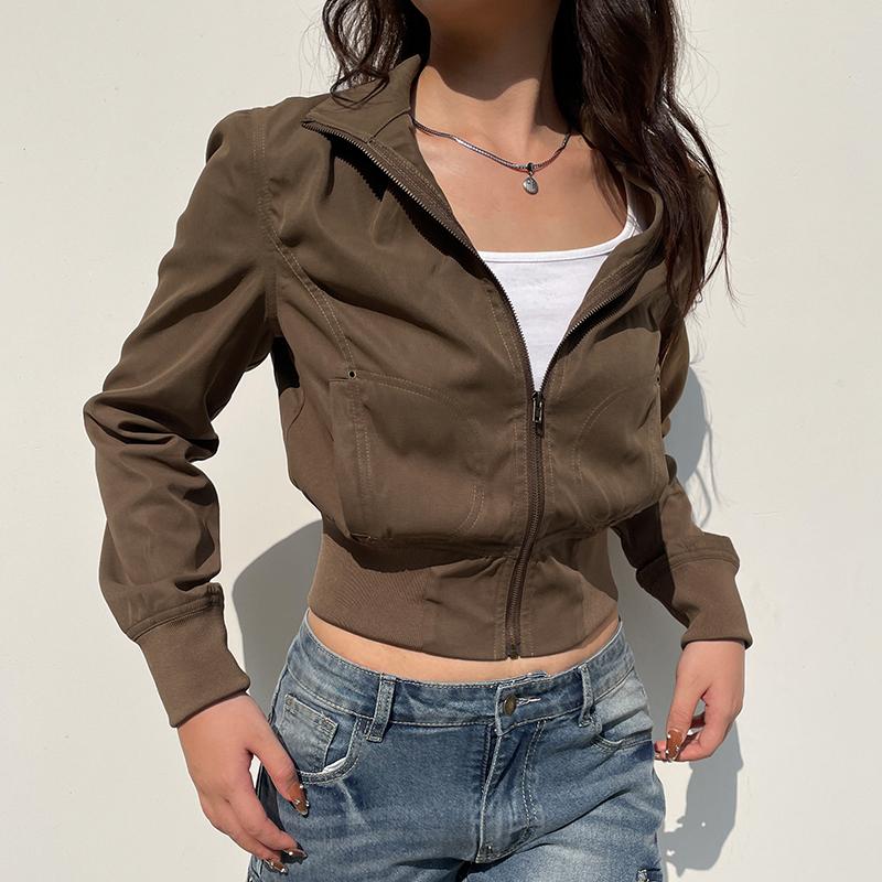 VAYLA Vintage Cropped Jackets Women Stand Collar Solid Color Casual Coats Slim Pocket Zip Up Harajuku Safari Style Outwear