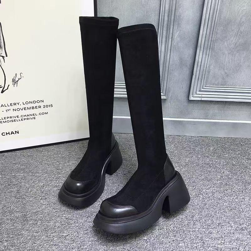 Fashion Elegant Heeled Round Toe Ladies Knee High Shaft Shoes Autumn Winter Platform Women's Long Boots Elastic Comfortable Boot Sale