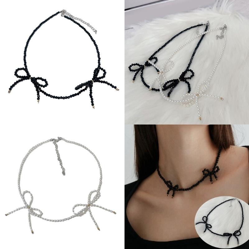 Elegant Bowknot Short Necklace Fashion Crystal Beaded Choker Necklace Simple Collar Necklace Clavicle Chain Jewelry