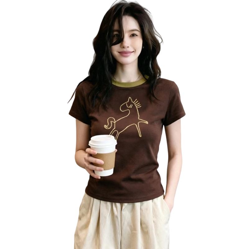 La Chapelle Women s Little Horse Embroidered Short Sleeve T-Shirt M кофейный