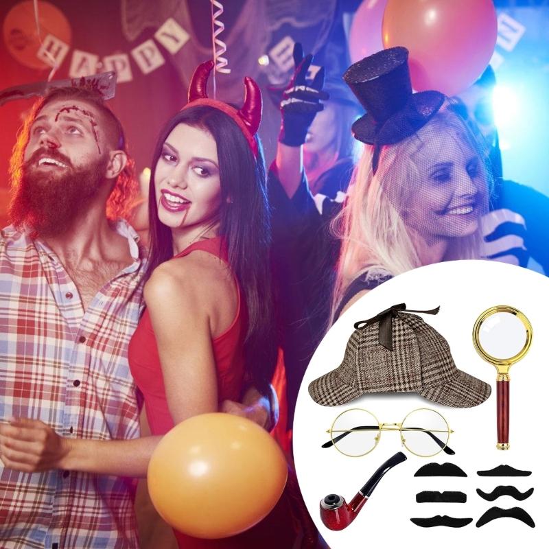 5 ks Doplňků k detektivnímu kostýmu pro dospívající a dospělé Detektivní klobouk Lupa Brýle Motýlek Holmesova detektivní sada