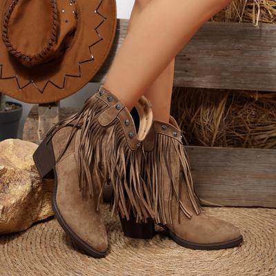 2025 Novas Botas Cowboy Femininas Outdoor Slip-on Cunha Botas Western Femininas Franja Salto Grosso Bico Fino Sapatos para Mulheres