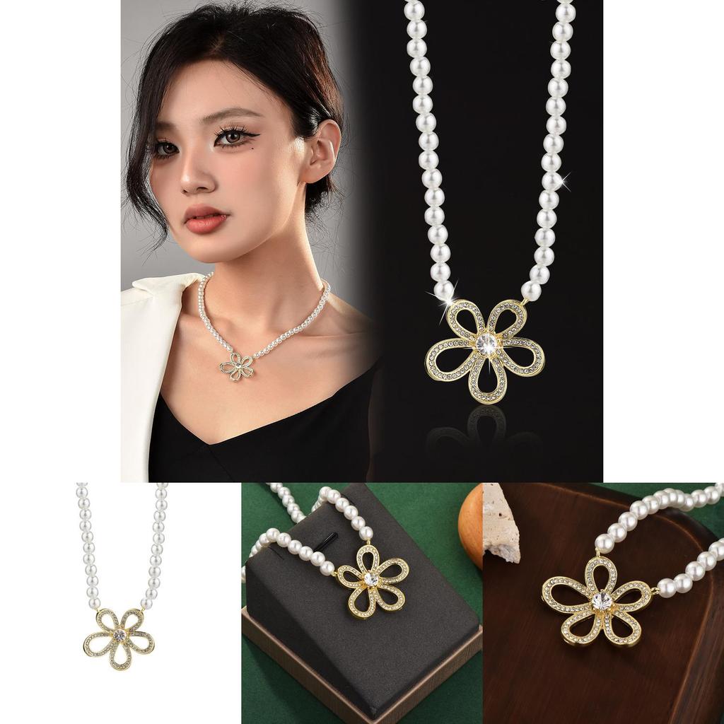 Hochwertige Gold- und Silber-Blumen-Perlenkette für Damen, ideal für stilvolle Bürokleidung im Jahr 2024