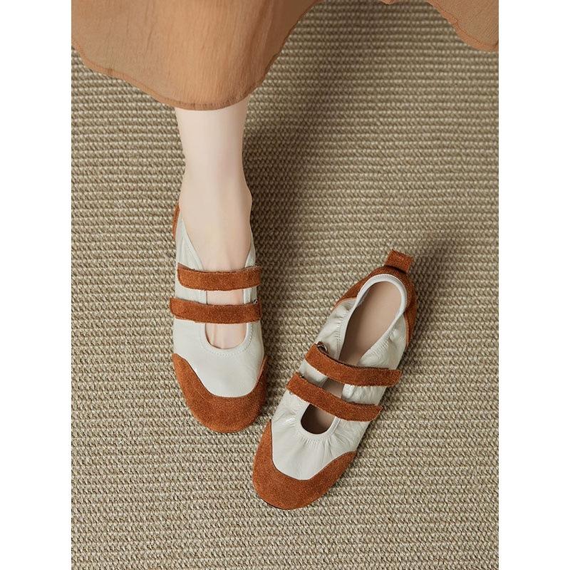 Sheepskin version retro style color matching casual round head light mouth Mary Jane shoes women's commuter flat shoes