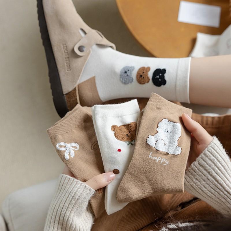 Socks Coffee Color Cute Bear Medium Tube Socks Season College Style Pure Cotton Bow Stacking Socks Women