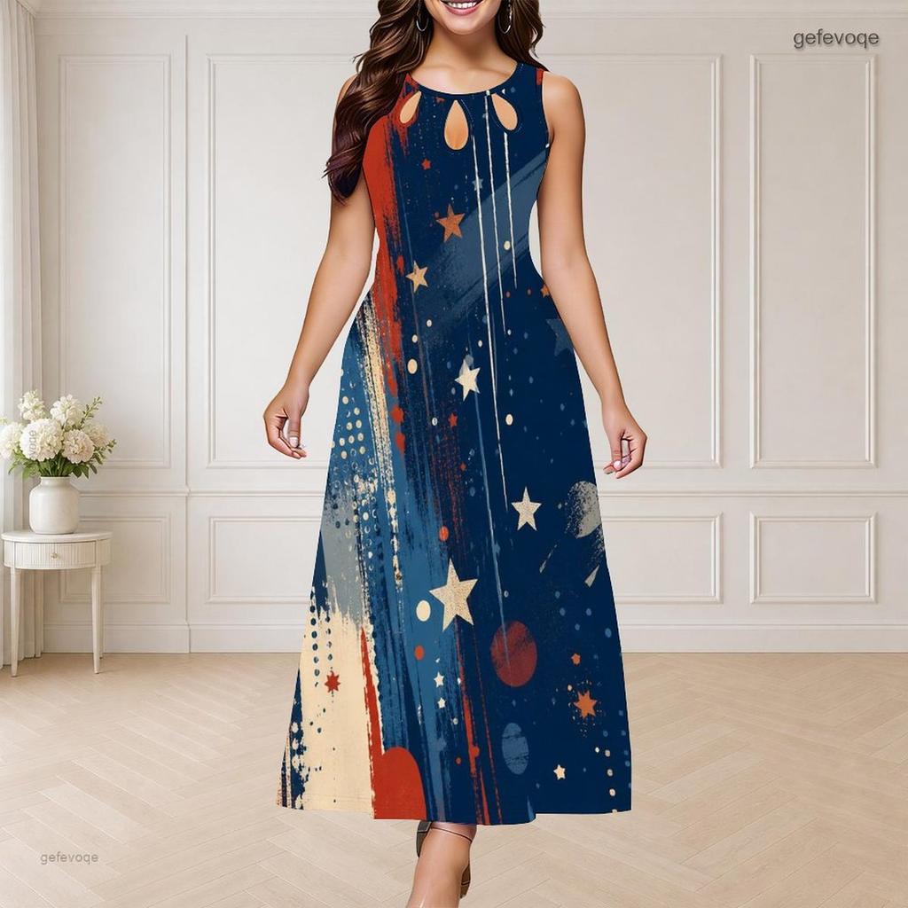 Women Plus Size Round Neck Triple Keyhole Sleeveless Printed Red Blue Silver Long Dress