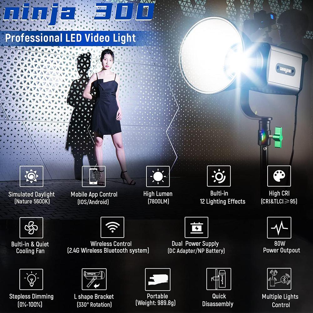 

WEEYLITE Ninja 300 80W LED Studio Light with Reflector CRI 95+ 7800LM 5600K Photography Video Lamp UK Plug