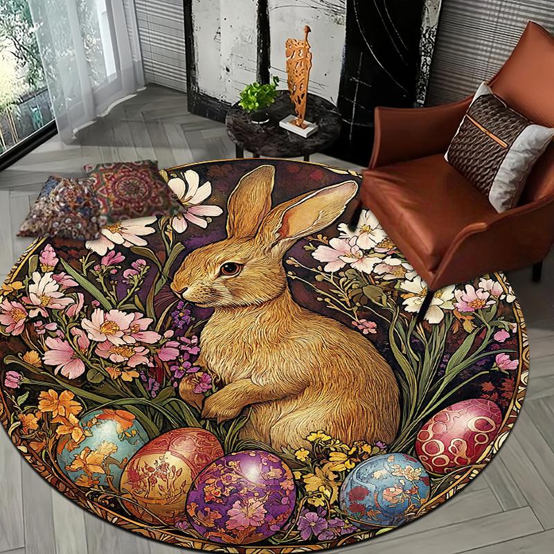 Vintage Rabbit Round Rug Non-Slip Machine Washable Floor Mat 2D Flat Soft Area Rug for Bedroom Easter Decor Gift