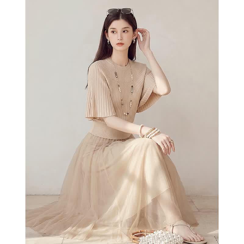 Women's Summer Ribbed Top & Knit Skirt Set
