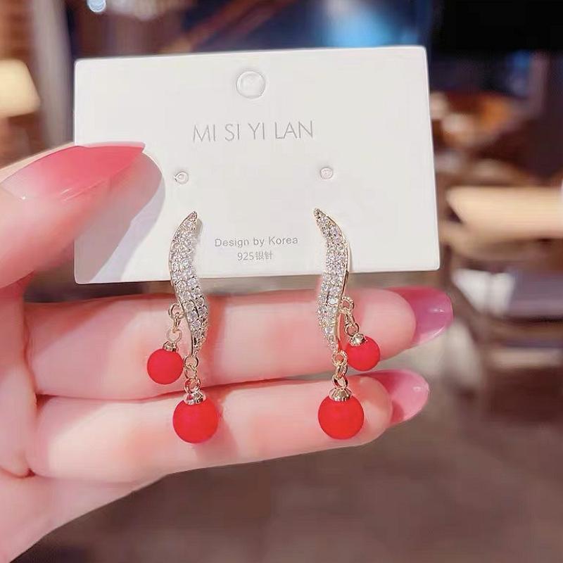 Fashion Atmospheric Red Velvet Bow Earrings Femininity Sweet Flower Long Fringed Versatile Earrings