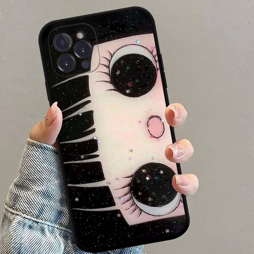 Kawaii Cute Black Big Eyes Cool Phone Case For iPhone 17 16 15 14 13 12 11 Pro Max Plus Mini Soft Silicone Black Shockproof TPU