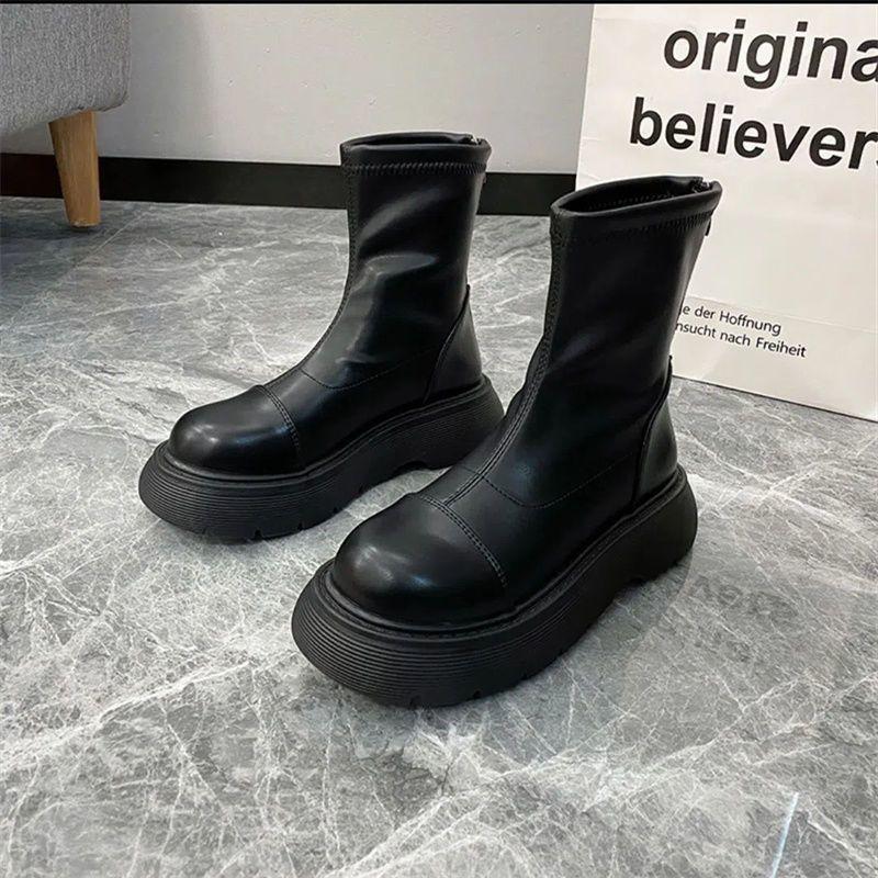Rear zipper Martin boots's autumn new single boots thick sole heightening versatile British style small short boots