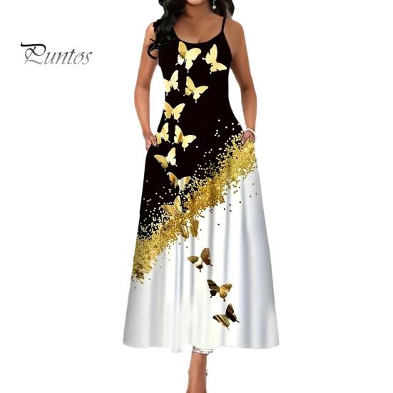 

Женское летнее платье одинакового цвета с принтом бабочки трапециевидной формы без рукавов с открытой спиной и карманами с круглым вырезом до щиколотки, платье макси с ремешками M черный белый