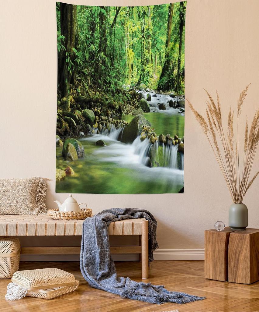 Fall Tapestry, Vibrant Misty Day in Forest Sun Rays Trees Foliage Fallen Leaves Calm View, Wide Wall Hanging for Bedroom Living