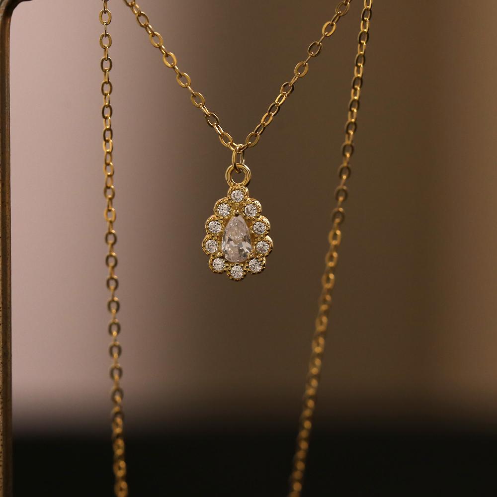 Plata de Ley 925 Versión Coreana Simple Colgante de Gota de Cristal Pavé Cadena para Clavícula Collar para Mujer Chapado en Oro de 14k Joyería Regalo