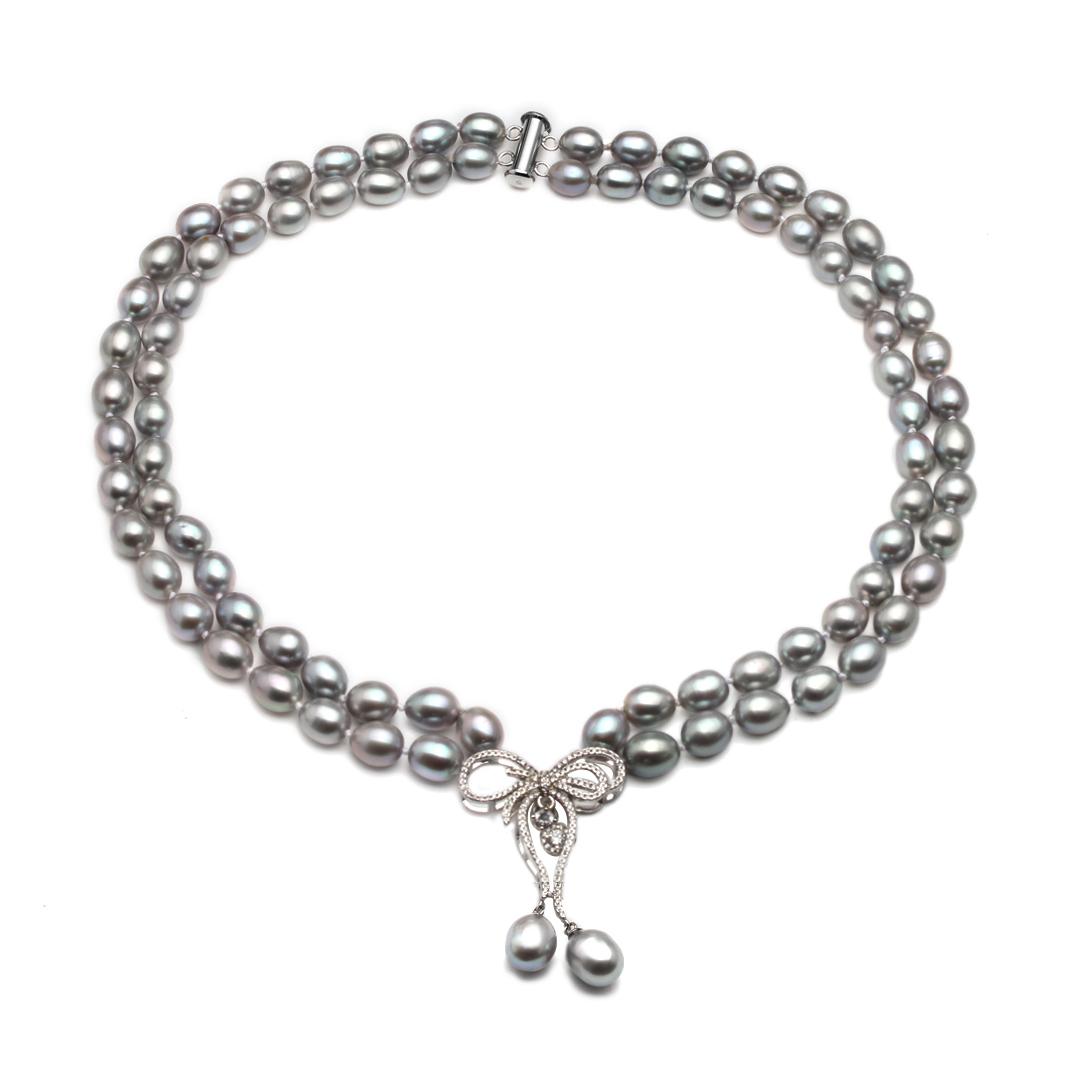 Real Luxury Grey Double Multilayer Pearl Necklace Women,Rice Freshwater Pearl Necklace Pendant Layered Wife Mother Birthday Gift 43cm 45cm